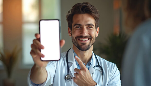 Young doctor shows mobile app on smartphone screen. Man wears white coat, stethoscope. Concept of medicine programs, mobile healthcare, online consultation. Doctor presenting new tech in