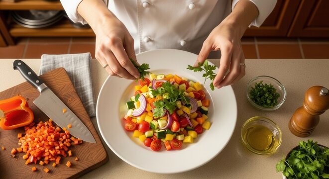 A chef skillfully arranges a vibrant salad with fresh vegetables and herbs in a kitchen setting, showcasing culinary artistry and healthy eating.