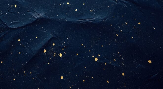 Rich navy background with scattered gold flakes creating an elegant texture and luxurious feel in abstract art