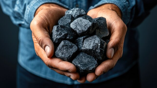 Fototapeta Hands holding pieces of coal showcasing texture and details in a close-up view with realistic lighting