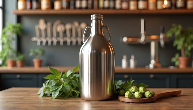 Shiny metal growler sits on wooden counter. Fresh green hop cones and leaves surround container. Brewery background with taps and bottles visible. Craft beer asset for branding.