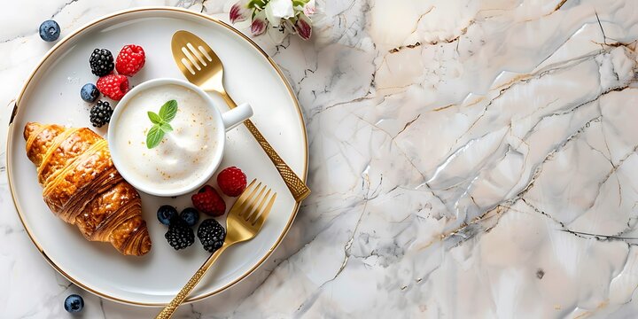 Delicious breakfast of croissant and yogurt with fresh berries on a marble surface - Powered by Adobe