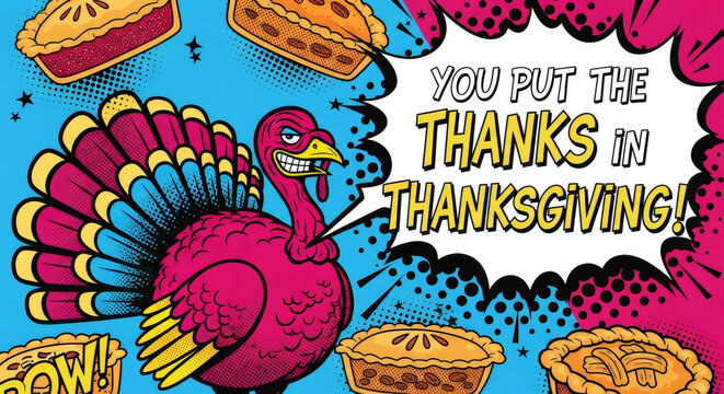 Cartoon turkey with apple pie on a bright pop art background for Thanksgiving celebration. Humorous holiday graphic design for greeting card or banner template.