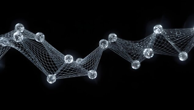 Abstract network structure with glowing crystal nodes connected by delicate threads concept