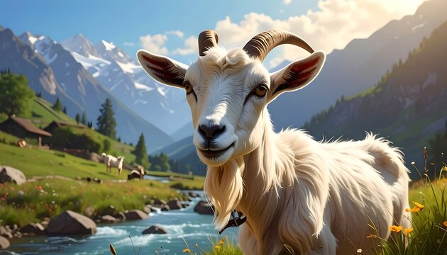 A close-up of a white goat with curved horns against a backdrop of a river flowing through a lush green valley and snow-capped mountains