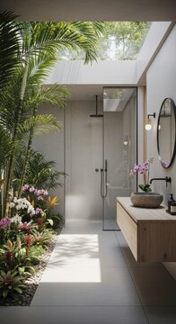 Modern bathroom with tropical plants and natural light in a serene outdoor setting