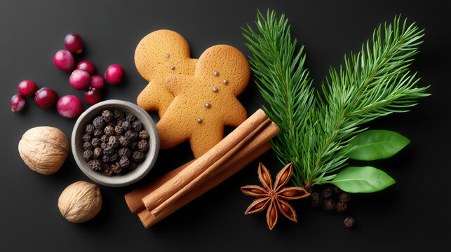 A bowl of nuts and spices is on a black background