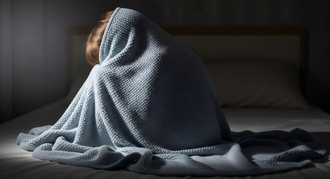Child hiding under blanket, feeling insecure and isolated. Concept of anxiety, fear, introversion, or difficulty with social interaction for pediatric mental health.