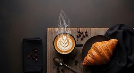 Aromatic latte art with flaky croissant, elevated still life composition