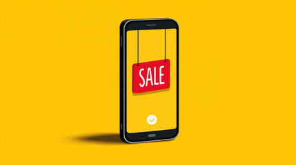 Smartphone Displaying Red Sale Tag on Bright Yellow Background, Online Shopping and Clearance Sales Concept for E-commerce and Marketing