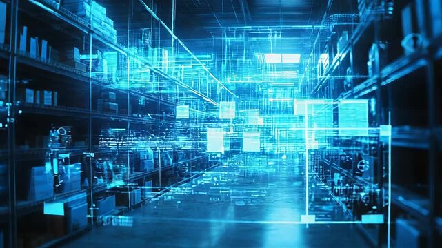 Warehouse storing goods with digital data network overlay - Powered by Adobe