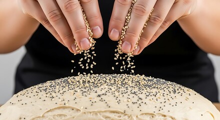 Artisan baker delicately scattering sesame seeds onto rising dough for homemade bread baking process