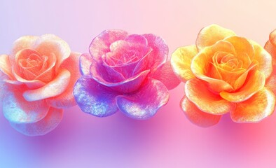 Three glowing roses in pastel hues showcasing unique colors, soft textures, and simple floral beauty