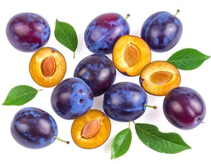 A close-up, overhead shot of ripe, deep blue-purple stone fruits with some halves showing their golden interiors and seeds