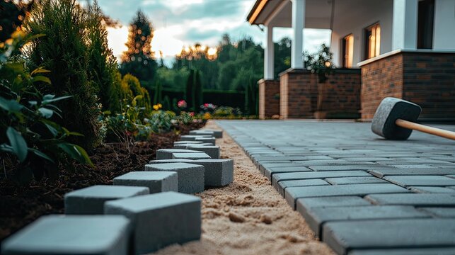 Process of laying gray concrete pavers on asphalt walkway with sand and surrounding greenery during sunset near house