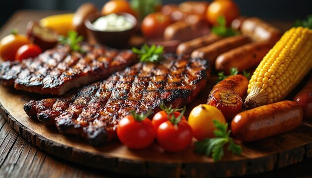 Juicy grilled meat ribs and sausages served on rustic wooden board with corn on cob and tomatoes. Delicious bbq platter with fresh parsley, perfect for outdoor summer party or family gathering. - Powered by Adobe