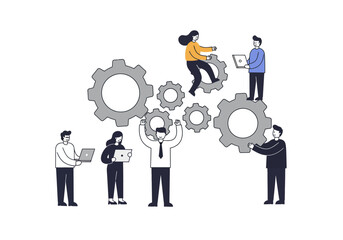 People interacting with gears some using laptops