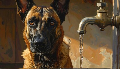 A close-up painting captures a thirsty canine, gazing intently at a brass faucet with flowing water, framed in warm light
