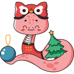 Cute pink cartoon snake character wearing a red Chinese New Year hat and holding a blue ornament and a Christmas tree with transparent background