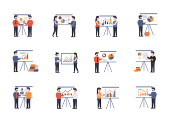 Twelve distinct illustrations of people presenting information on whiteboards