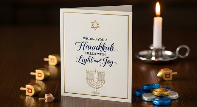 A graceful Hanukkah card surrounded by dreidels, gelt, and candlelight—offering timeless wishes for a season filled with warmth and celebration.