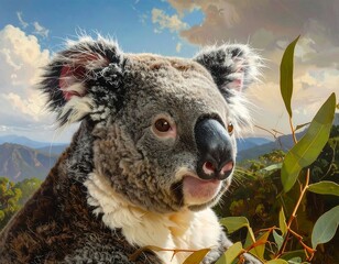 A close-up painting captures a fluffy koala bear, its gray fur contrasted by the green foliage in a bright, scenic Australian forest
