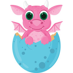 Cute Pink Baby Dragon Hatching From A Blue Egg With Big Green Eyes And Small Wings Smiling Happily With A Transparent Background