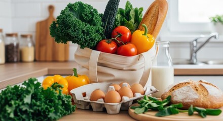 Fresh vegetables, eggs, bread, and milk displayed on a kitchen counter with a bright atmosphere