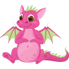 Cute Pink Baby Dragon With Green Wings Sitting On Transparent Background And Looking Friendly In A Playful Pose