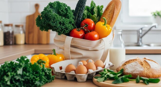 Fresh vegetables, eggs, bread, and milk displayed on a kitchen counter with a bright atmosphere