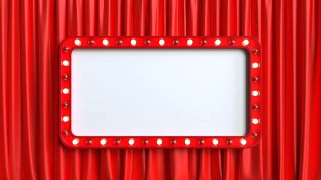 Empty retro light sign frame on red curtain background, Theater cinema sign for show titles or promotions