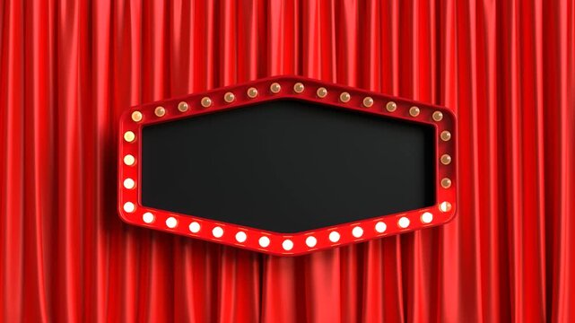 Empty retro light sign frame on red curtain background, Theater cinema sign for show titles or promotions