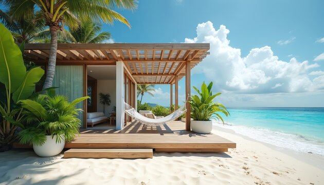 Modern beachfront house with wooden deck and hammock. Tropical plants surround the open-air lounge. Blue ocean waves crash on white sand beach under sunny sky.