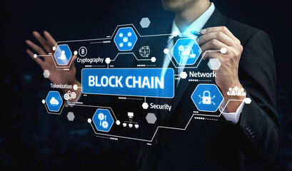 Businessman interacts with a digital display illustrating the key features of blockchain technology including security, tokenization, and network connectivity for modern innovation. Tessel