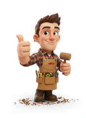Cartoon Carpenter Holds Mallet, Giving Thumbs-Up