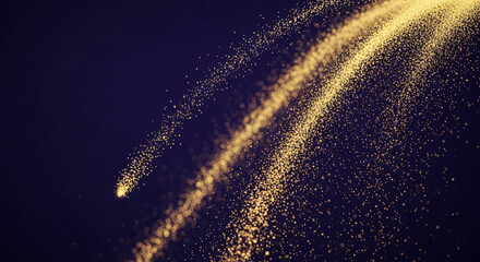 Image features golden particles in flowing motion against a dark purple background, representing cosmic energy, dynamic movement, and abstract concept
