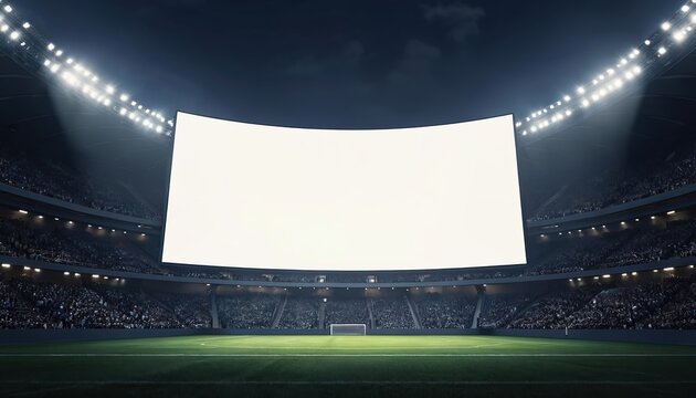 Blank big screen in stadium at night with lights. Arena with empty display billboard for advertising. Mockup template background for sport event or football match. Place your text on screen.
