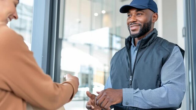 Smiling delivery man hands over a package to a woman at the door, showcasing friendly service and connection, camera follows the action