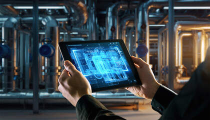 Hands holding digital tablet showing industrial control system with holographic interface in factory setting