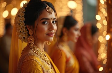 Young Indian bride wears gold jewelry and yellow saree. She prepares for wedding ceremony with flowers in hair. Female looks happy, beautiful. People celebrate marriage traditions.