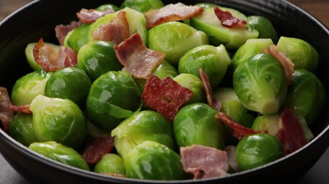 Brussels sprouts with pancetta in black bowl rotation