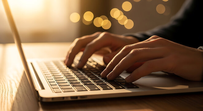 Hands typing on a laptop keyboard with warm lighting and bokeh background