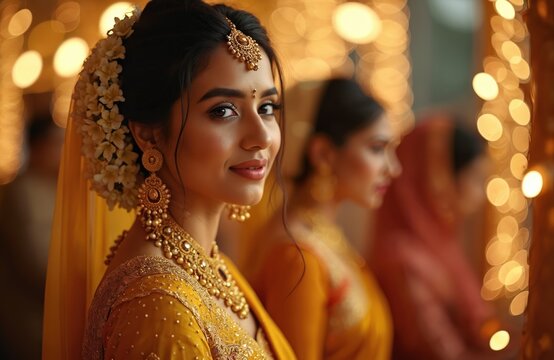 Young Indian bride wears gold jewelry and yellow saree. She prepares for wedding ceremony with flowers in hair. Female looks happy, beautiful. People celebrate marriage traditions. - Powered by Adobe