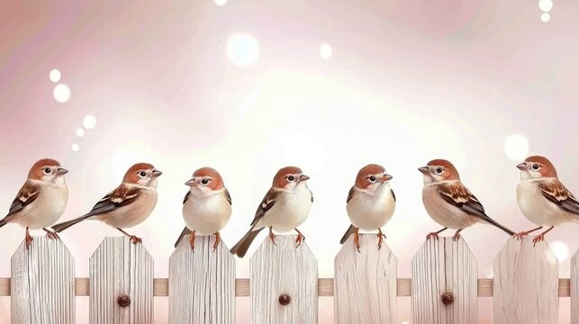 Small fluffy sparrows perched on a wooden fence with a soft pink background and misty ambiance showcasing various expressions