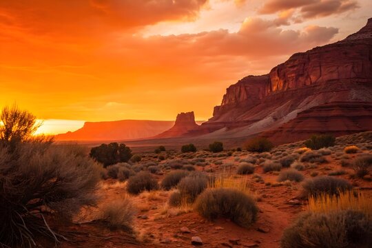 Sunset over vibrant desert landscape with glowing red rock formations, scattered shrubs, and dramatic sky ablaze in orange and purple hues - Powered by Adobe