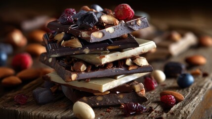 Stack of milk & dark chocolate with nuts, caramel and berries — rustic treat