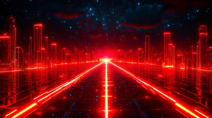 Journey through crimson city at night under a starry sky, a futuristic neon road ahead
