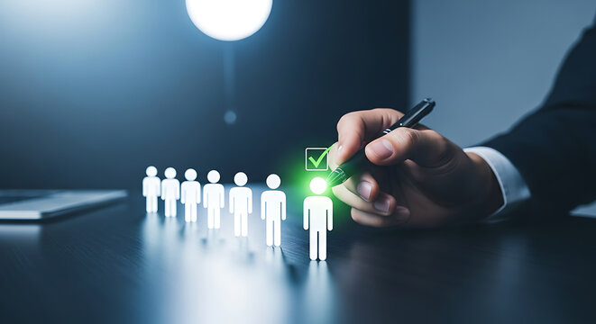 Hand selecting a candidate from a row of human icons with a pen, representing recruitment or talent acquisition.