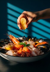 Elegant seafood platter getting a lemon juice splash on a stylish ambiance