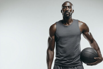 Confident athletic basketball player holding a ball — muscular male athlete in sleeveless shirt, studio-lit sports portrait ready for action
